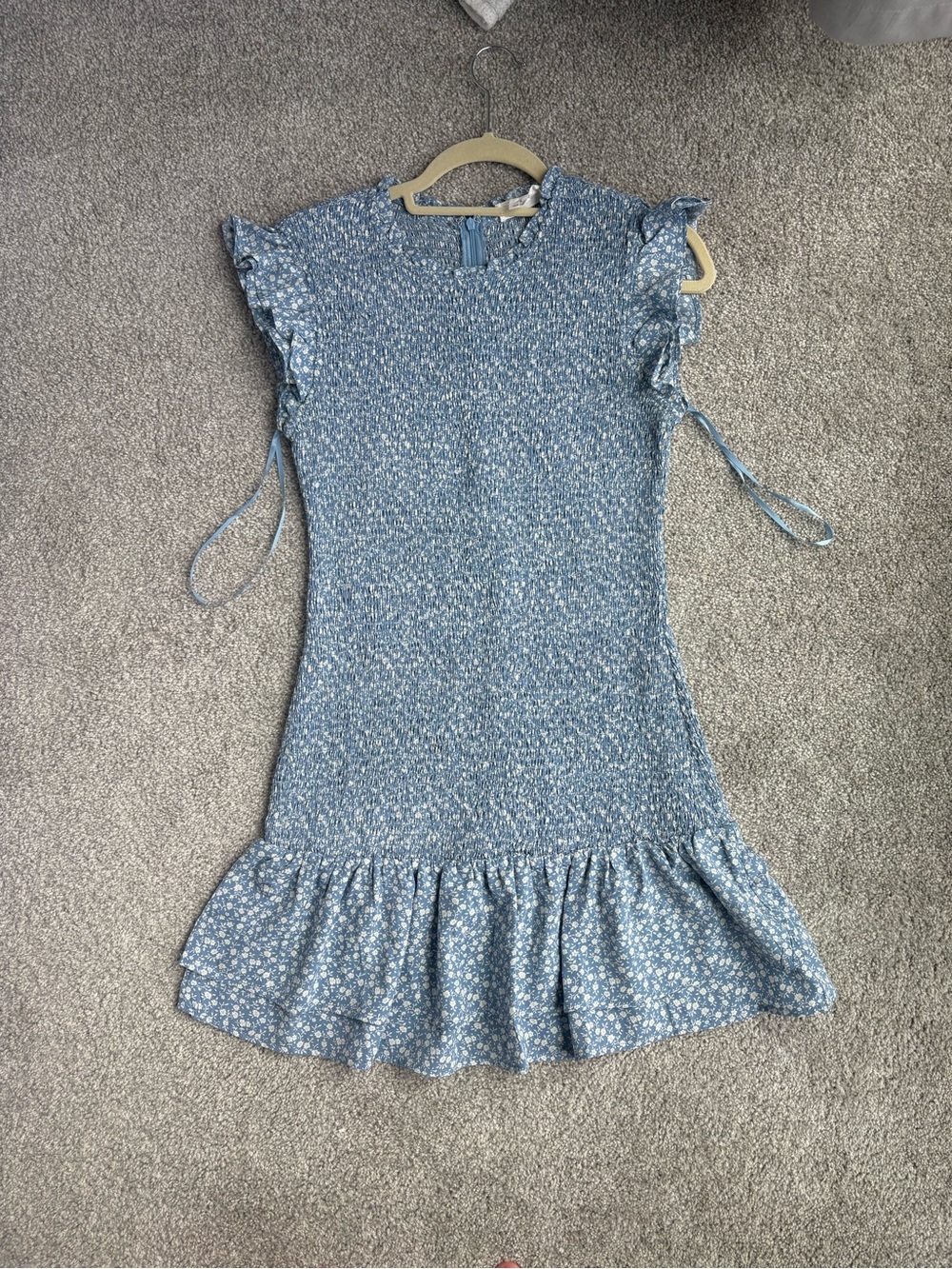 Love Riche Blue Floral Smocked Ruffle Dress